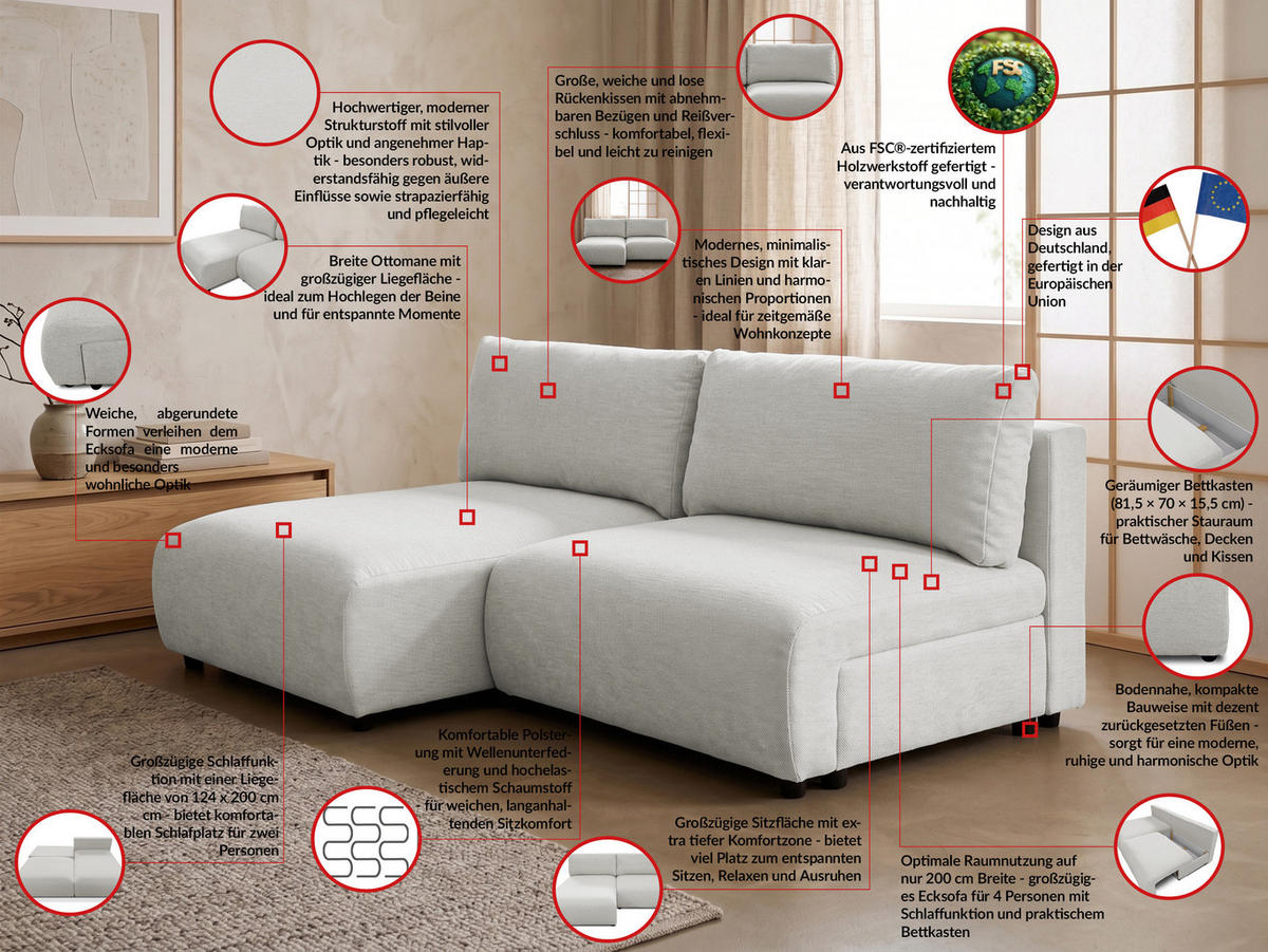 ECKSOFA Sora mit Schlaffunktion, Bettkasten und extra tiefer Komfortzone aus hochwertigem Hellgrau Strukturstoff - Hellgrau/Schwarz, Holz/Kunststoff (140/200cm) - S-Style