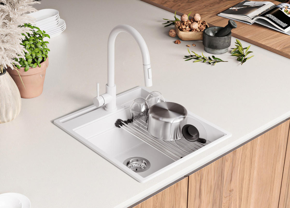GRANITSPÜLE Oslo Pocket, 2-er set Weiß 48/53 cm 1 Becken + Küchenarmatur 32/20 cm + Ablauf-Set + Küchenzubehörset ab 50er Unterschrank - Chromfarben/Beige, Kunststoff (48/20/53cm) - Primagran