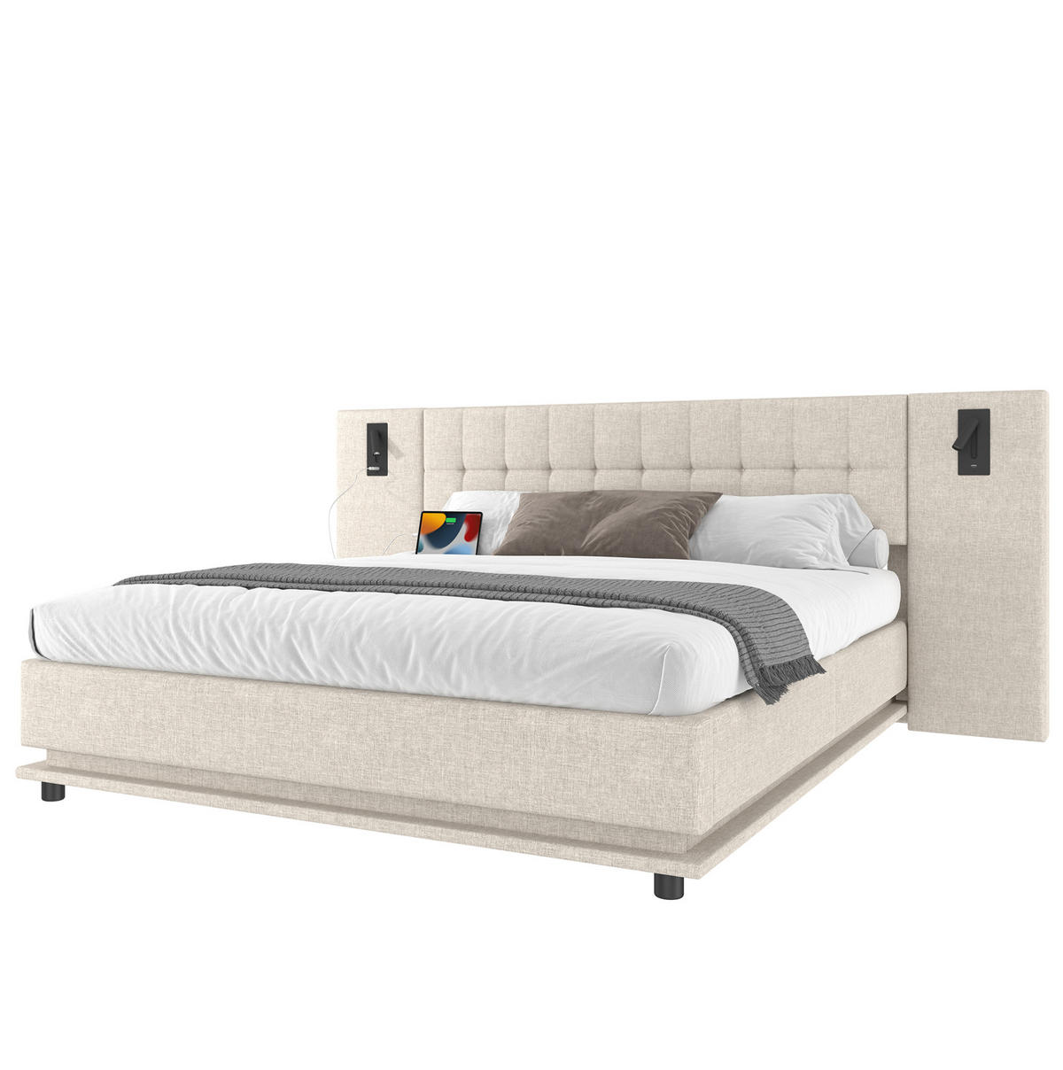 ČALOUNĚNÁ postel 180/200 cm, len, béžová, s LED páskem, USB a lampičkou - béžová, textil (180/200cm) - BEAOK