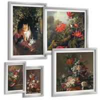BILDER SET 5er Set - 50x50 cm & 20x30 cm & 40x60 cm Silberner Rahmen - Vintage-Blumen, Katzen, Pflanzen - Silberfarben, Kunststoff (40/60cm) - TULUP