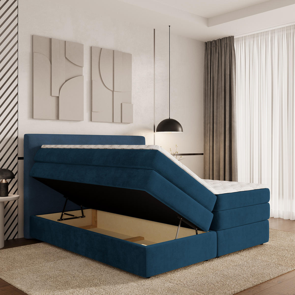 BOXSPRINGBETT MATERN 180x200 cm mit Matratze und Topper - Blau - Blau, Holz (180/200cm) - MASSENO