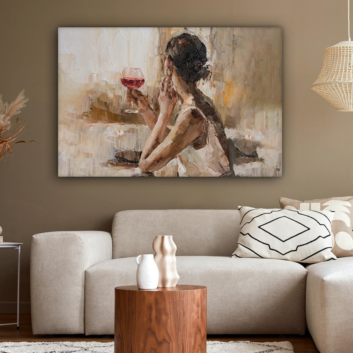 LEINWANDBILD Ölgemälde - Frau - Wein Wohnzimmer 120x80 cm - Hellbraun, Textil (120/80cm) - MuchoWow