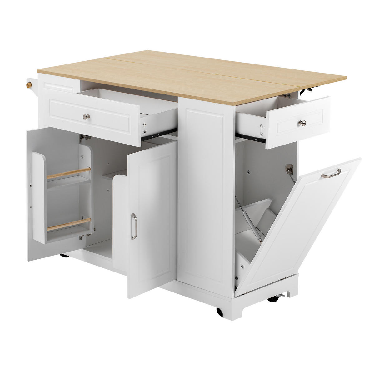 KÜCHENINSEL 131,8/40-70/93,3 cm mit ausklappbarer Arbeitsplatte, Steckdosen, USB und Abfallfach, MDF, Weiß/Natur - Weiß, Holzwerkstoff (131.8/93.3/70cm) - Redom