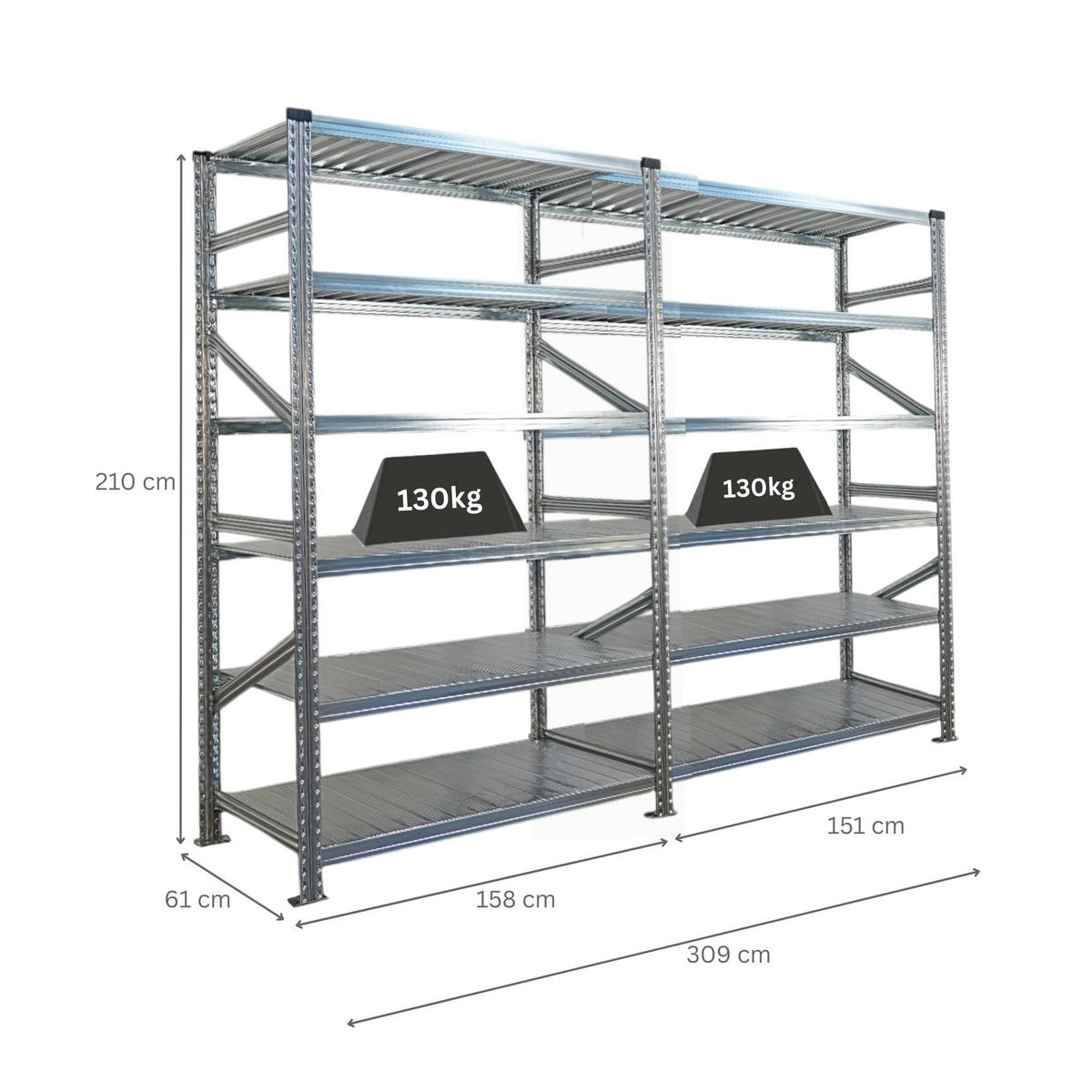 FACHBODENREGAL Proximo Stecksystem 210x300x60cm 6 Ebenen Beidseitig nutzbar Verzinkt - Silberfarben, Metall (300/210/60cm) - PROREGAL