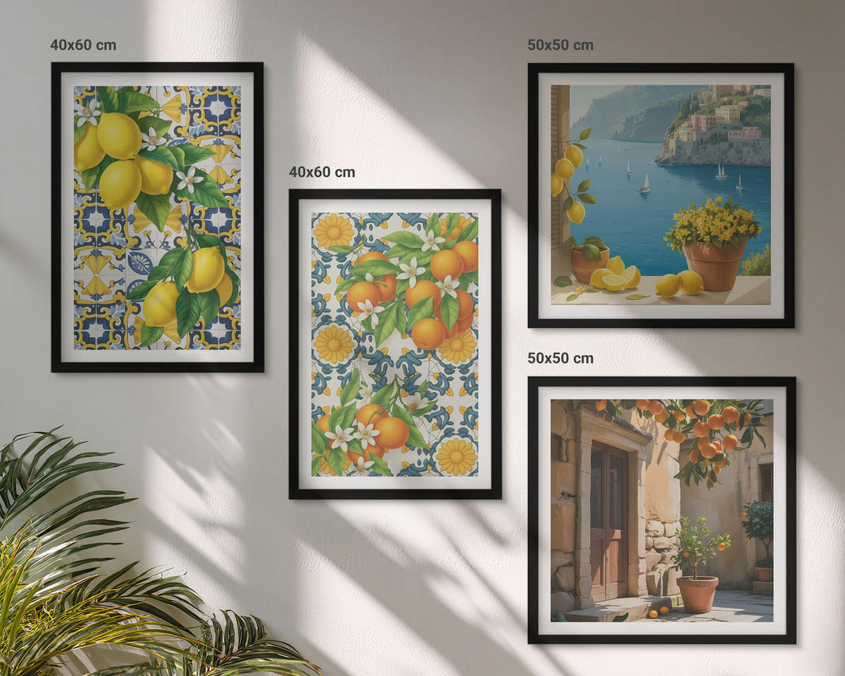 BILDER SET 4er Set - 50x50 cm & 40x60 cm Schwarzer Rahmen - Zitronen, Blumen, Orangen, Italien - Schwarz, Kunststoff (50/50cm) - TULUP