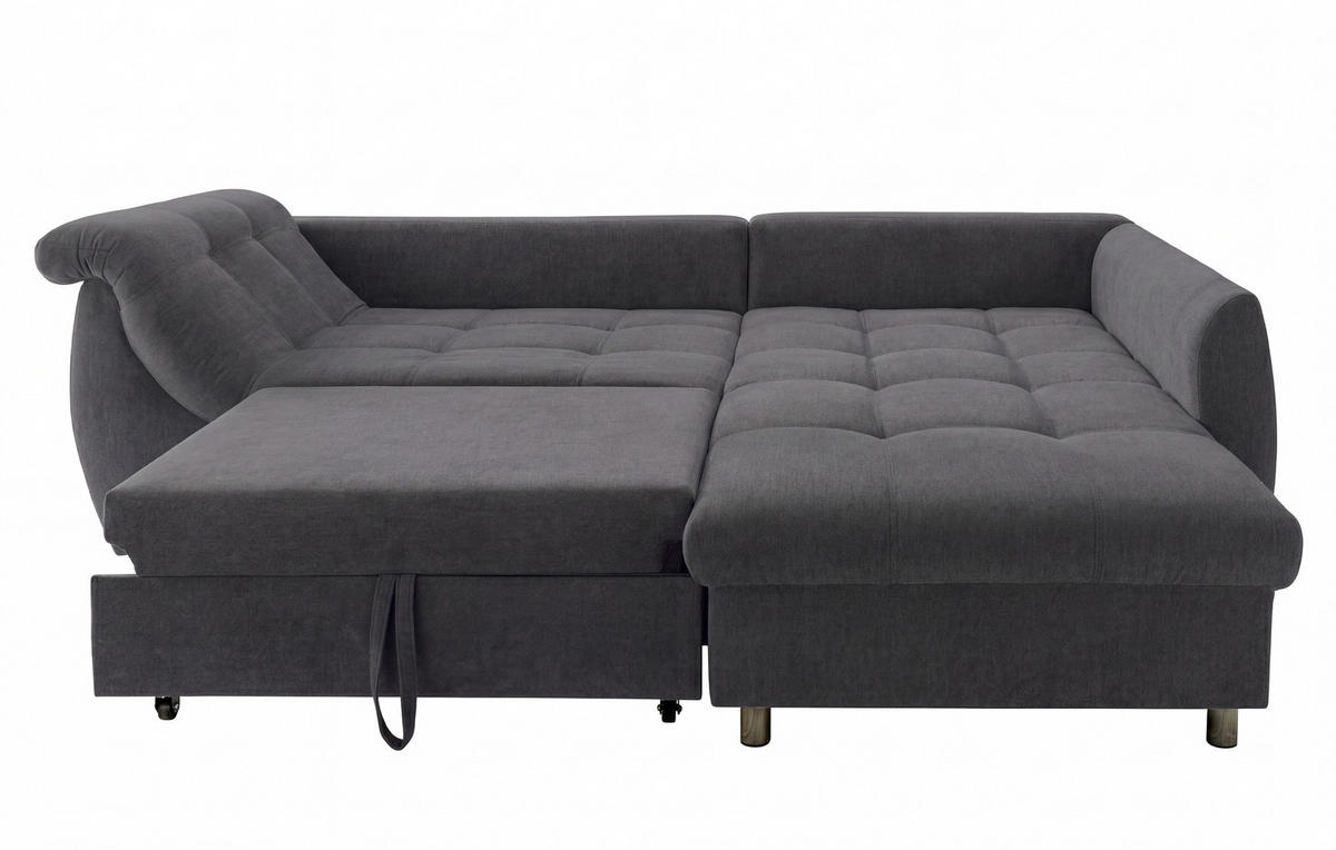 ECKSOFA mit Schlaffunktion, Bettkasten, Wellenunterfederung, Ottomane rechts B250/T190/H84 cm, Liegefl. 179x190 cm, Mikrofaser Anthrazit / 17005 - Chromfarben/Anthrazit, Textil/Metall (250/190cm) - luma-home