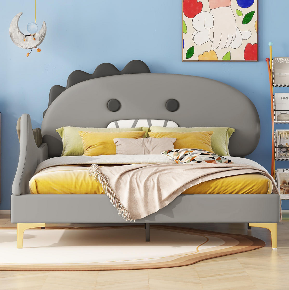 KINDERBETT 140/200 cm Grau aus PU mit Dinosaurier-Kopfteil - Grau, Kunststoff (140/200cm) - OKMYHOME
