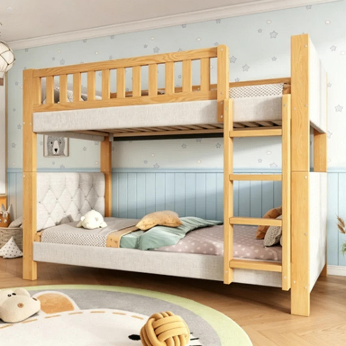 ETAGENBETT 90x200 cm für Kinder, Holz & Stoff, Stabile Lattenroste, grau-natur - Naturfarben, Holzwerkstoff (90/200cm) - Luhomfu
