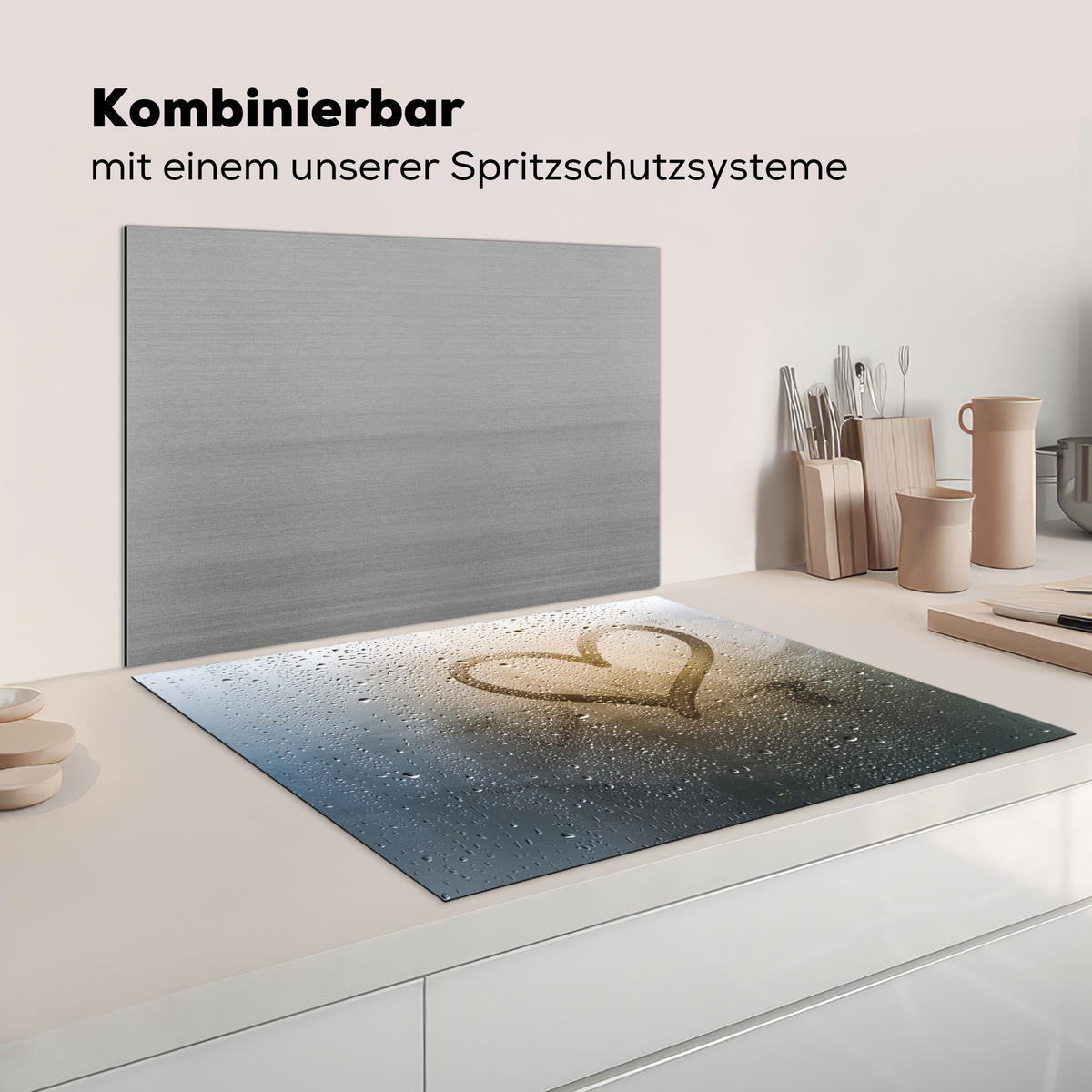 HERDABDECKPLATTE Herz - Kondenswasser - Wasser - 3D Induktionsmatte 77x59 cm - Grau, Kunststoff (77/59/0.2cm) - MuchoWow