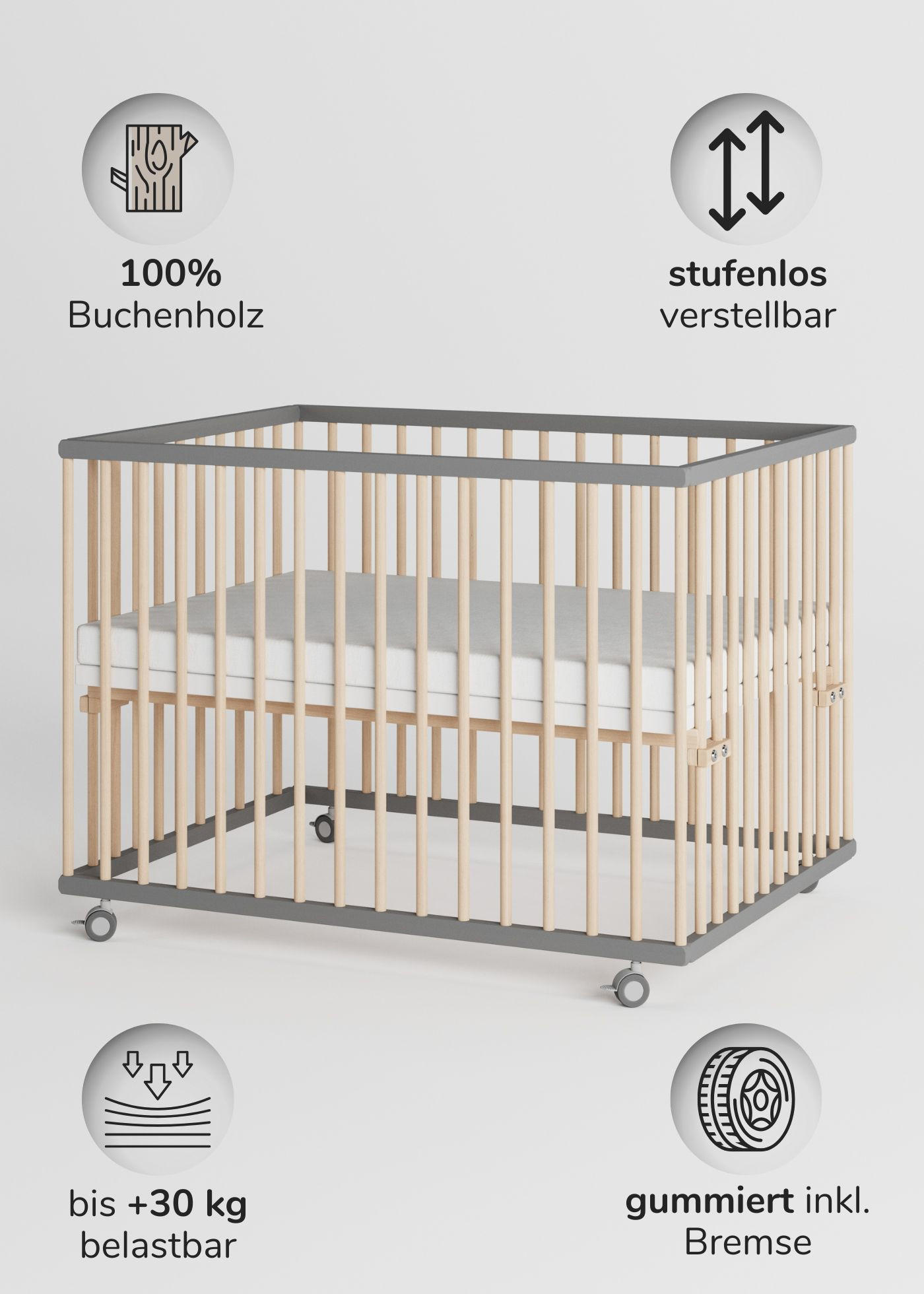 Thumbnail - Sämann – make a difference. Laufgitter, Grau, Natur, Holz, Echtholz,Buche, 100x74x75 cm, Babymöbel, Laufstall Baby