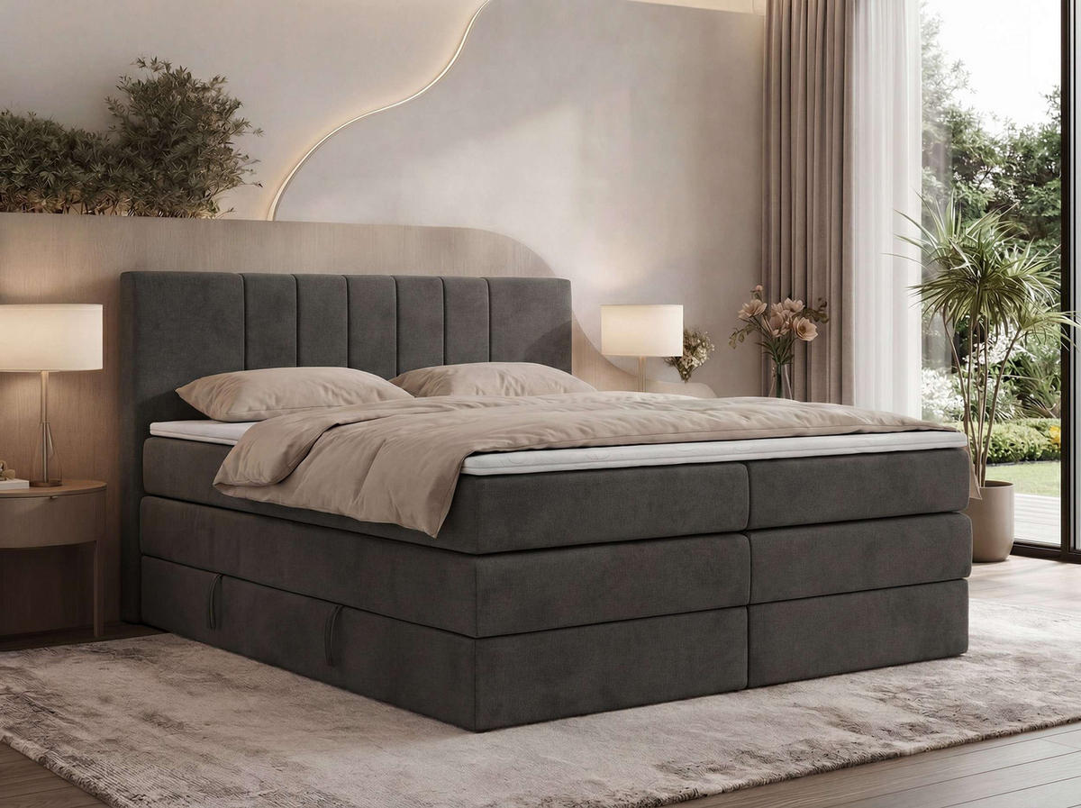 BOXSPRINGOVÁ POSTEĽ INERO KING 140/200 - Tmavosivá Samet - Topper Visco - H4 (tvrdý) - čierna/tmavosivá, textil/plast (140/200cm) - MKS