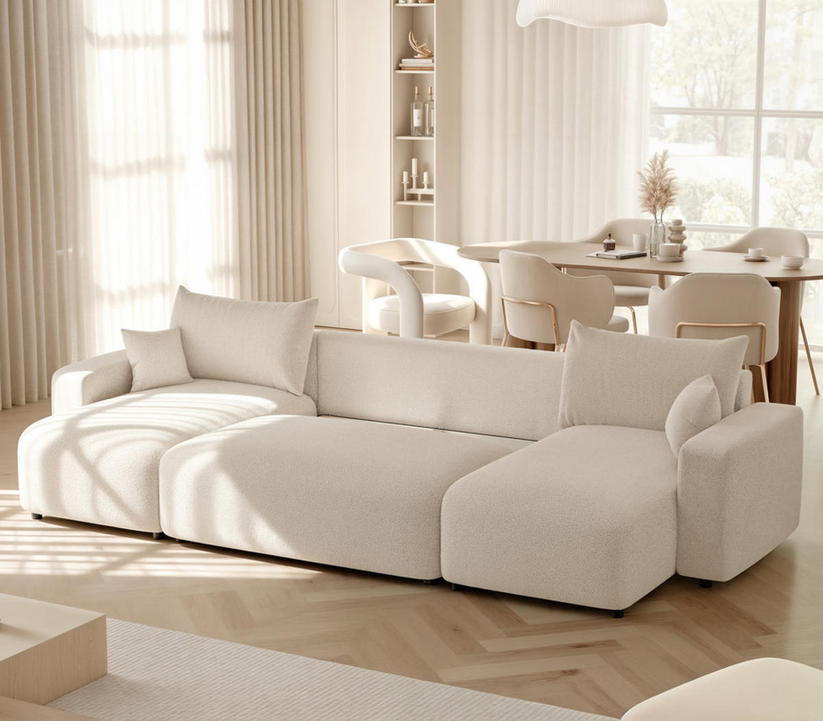 WOHNLANDSCHAFT PIANO mit Schlaffunktion, Stoff Creme - Creme/Schwarz, Kunststoff/Textil (318/79/145cm) - Idohome