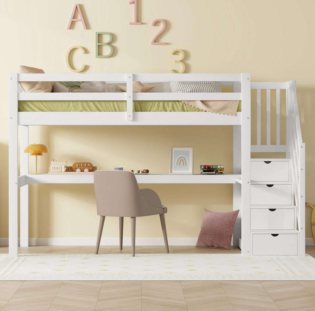 HOCHBETT 90/200 cm in Weiß – mit Schreibtisch, Stauraumtreppe und Rausfallschutz - Weiß, Holz (90/200cm) - BEAOK