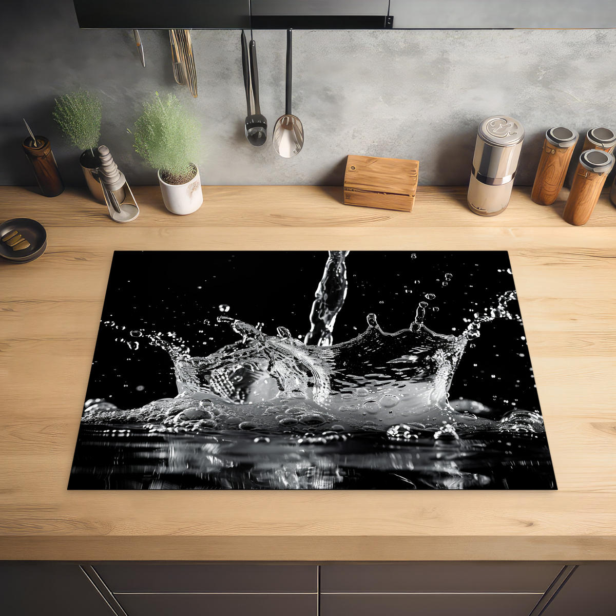 HERDABDECKPLATTE Wasser - Spritzwasser - Schwarz Herdabdeckung Induktionsfeld 75x52 cm - Schwarz, Kunststoff (75/52/0.2cm) - MuchoWow