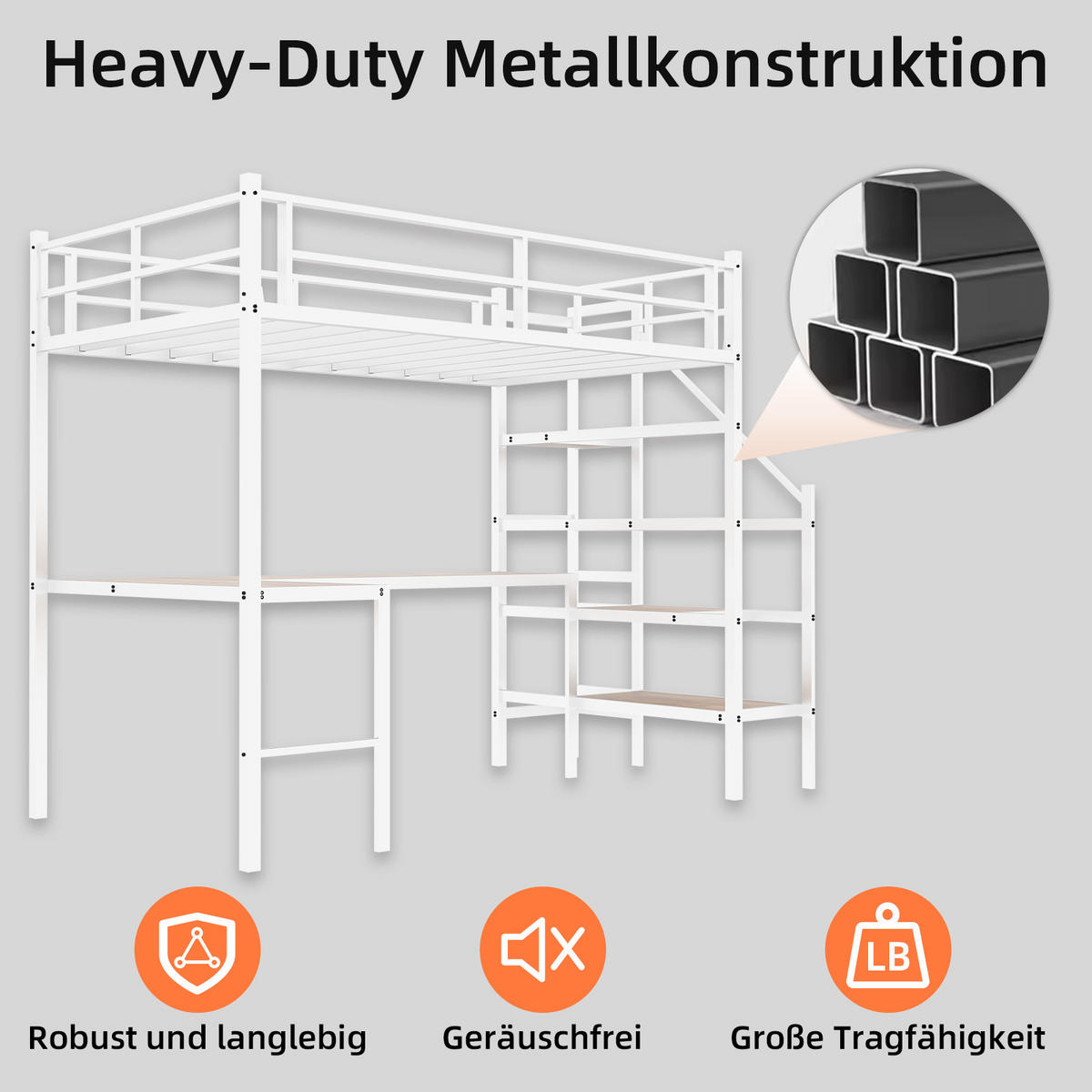HOCHBETT Schreibtisch L Form Stauraum - Weiß, Metall - LEBENLANG