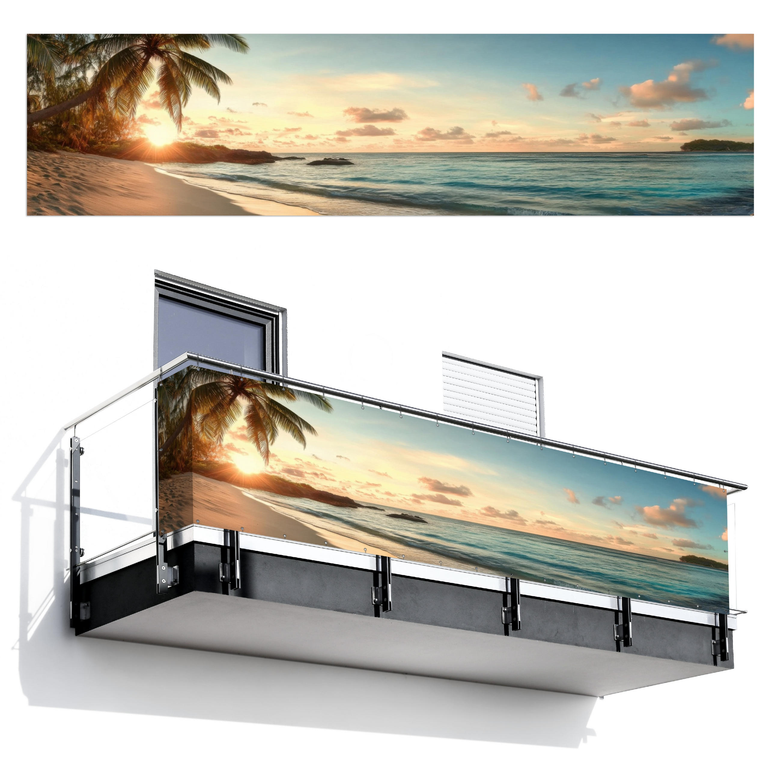 MuchoWow BALKONOVÁ ZÁSTĚNA Pláž - palmy - oceán - západ slunce 500x120 cm