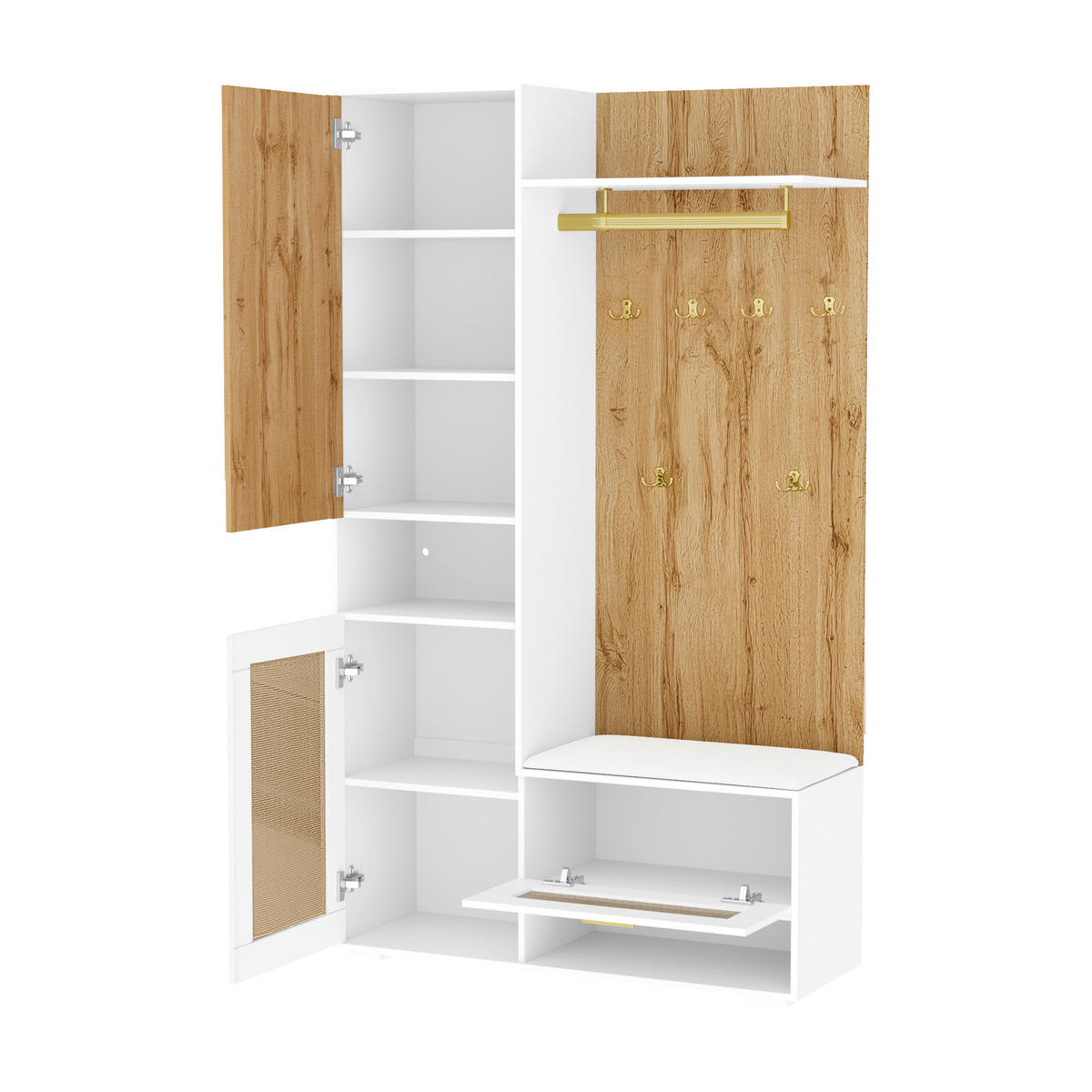 GARDEROBEN-SET 110 cm in Weiß/Holz mit Spiegel Rattan-Optik - Naturfarben, Holzwerkstoff (110/190/38cm) - Urban Meuble