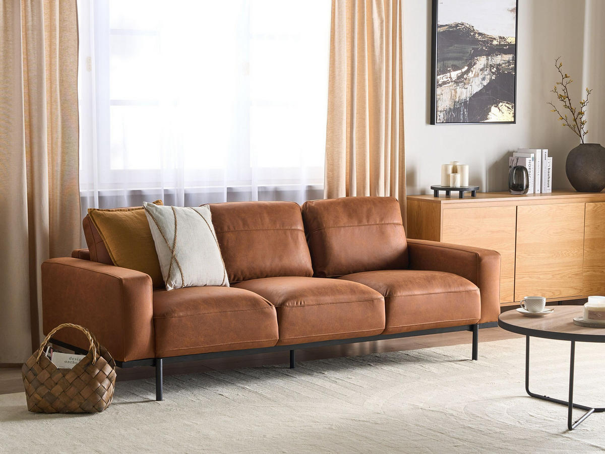 3-SITZER-SOFA Stoff braun Lederoptik Sovik - Braun, Textil (215/72/87cm) - Beliani