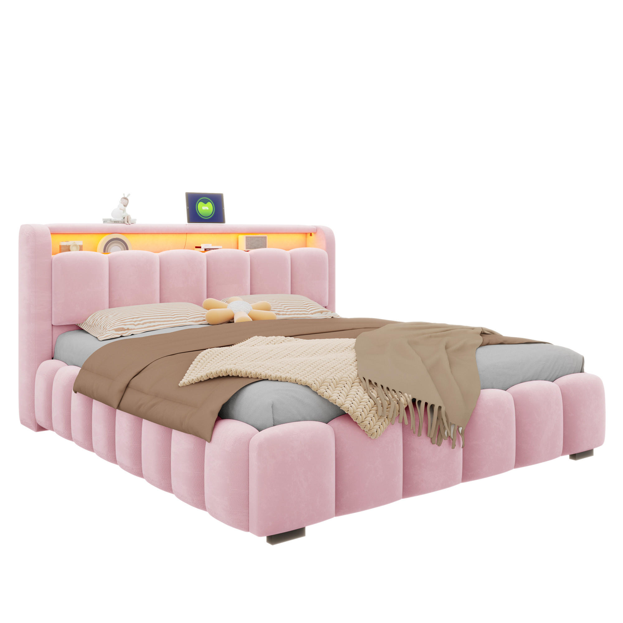POLSTERBETT 180/200 mit LED/USB, Kopfteil Stauraum, Samt, Rosa - Rosa, Holz (180/200cm) - LVHOM