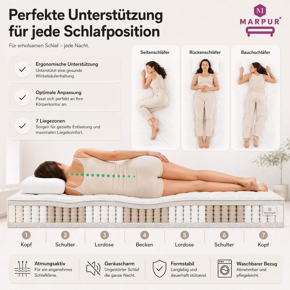 TASCHENFEDERKERNMATRATZE Premium-Kokos 200x200x21 cm, 7 Zonen, Härtegrad H3/H4, Farbe: Weiß, inkl. Bezug - Weiß, Textil (200/200cm) - Marpur