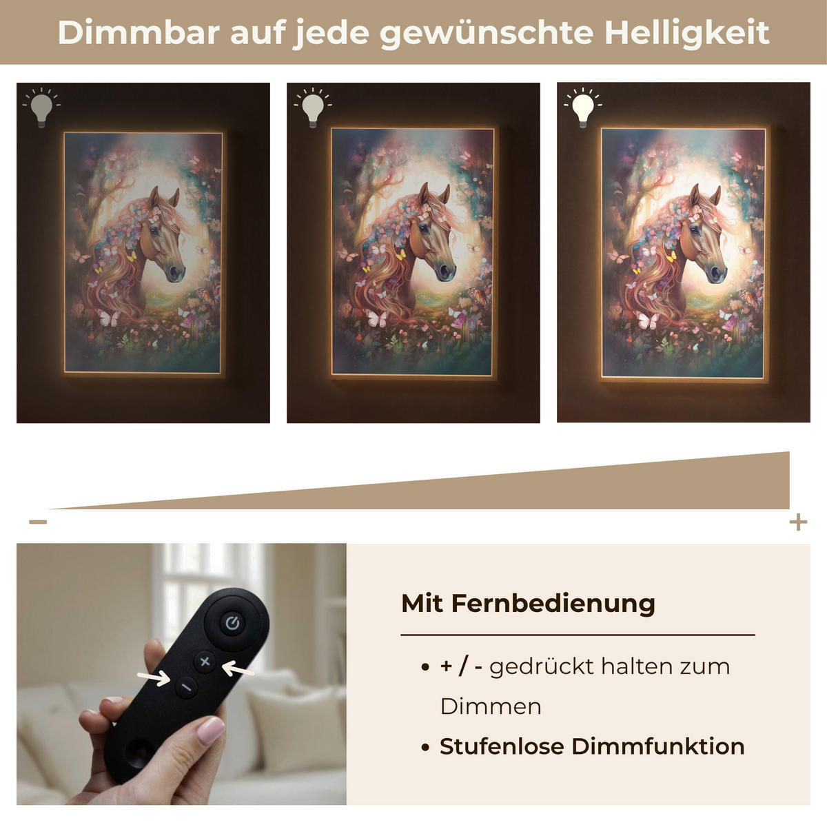 NÁSTĚNNÁ LAMPA S AKUMULÁTOREM Kůň - Příroda - Květiny - Motýli - Les 70x100 cm - tmavě hnědá, kompozitní dřevo (70/100/8cm) - OnlyWow