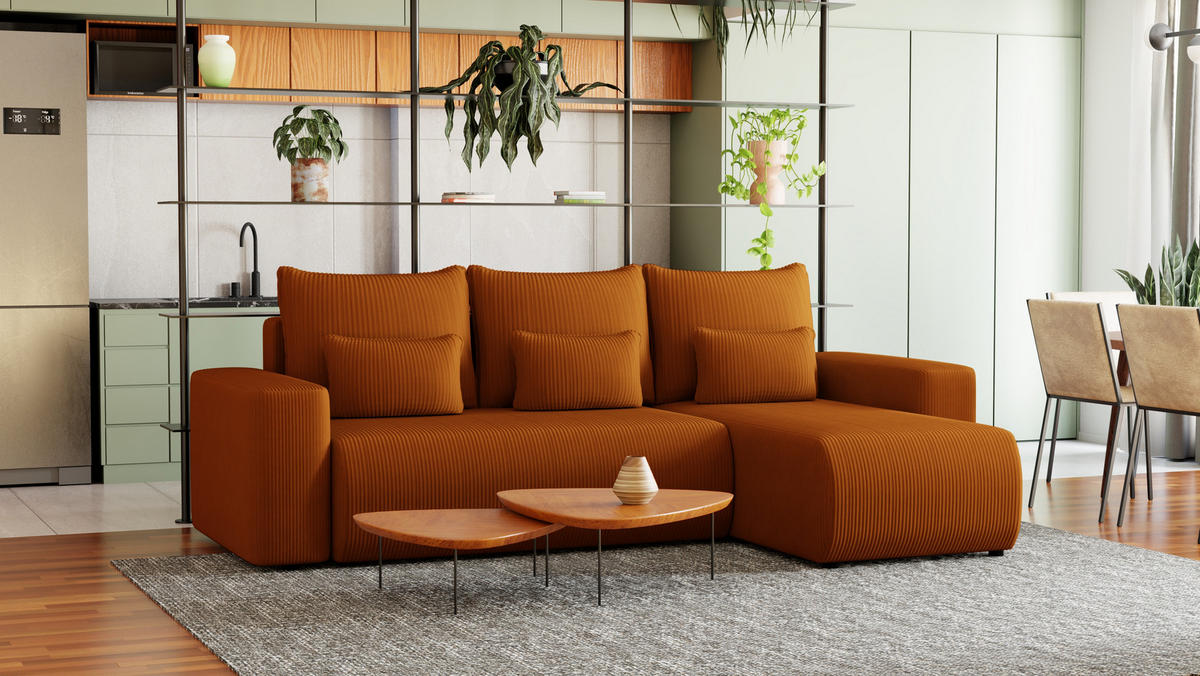 ECKSOFA Travis mit Bettkasten und Schlaffunktion, L-Form, Cord, Universal - Rostfarben, Holzwerkstoff (248/148cm) - 4ALL HOME