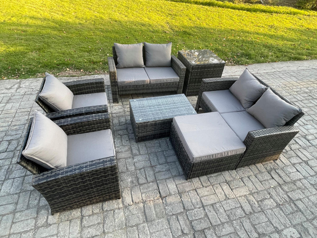 GARTENSET Polyrattan Dunkelgrau 7-Sitzer - Dunkelgrau, Metall - Fimous
