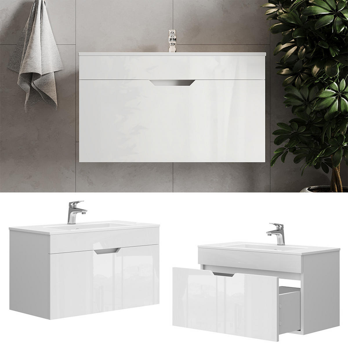 WASCHTISCHKOMBI Stefanie, Weiß Hochglanz, 2 Teile, Unterschrank 80 cm - Weiß, Holzwerkstoff (80/46.2/40cm) - Vicco