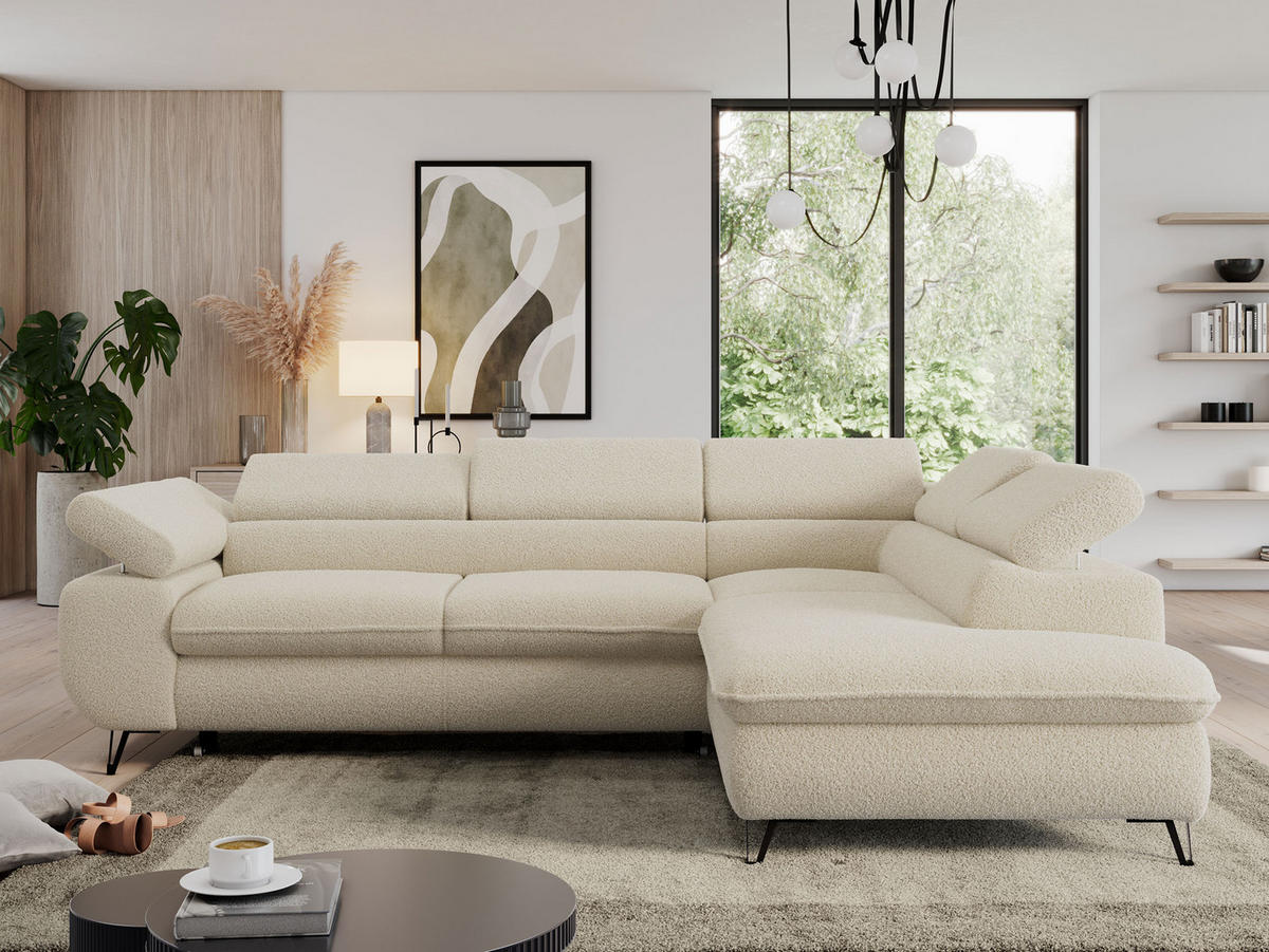 ECKSOFA PEDRO L Beige Boucle - Rechts Seite - Beige/Schwarz, Textil/Metall (273/208cm) - MKS
