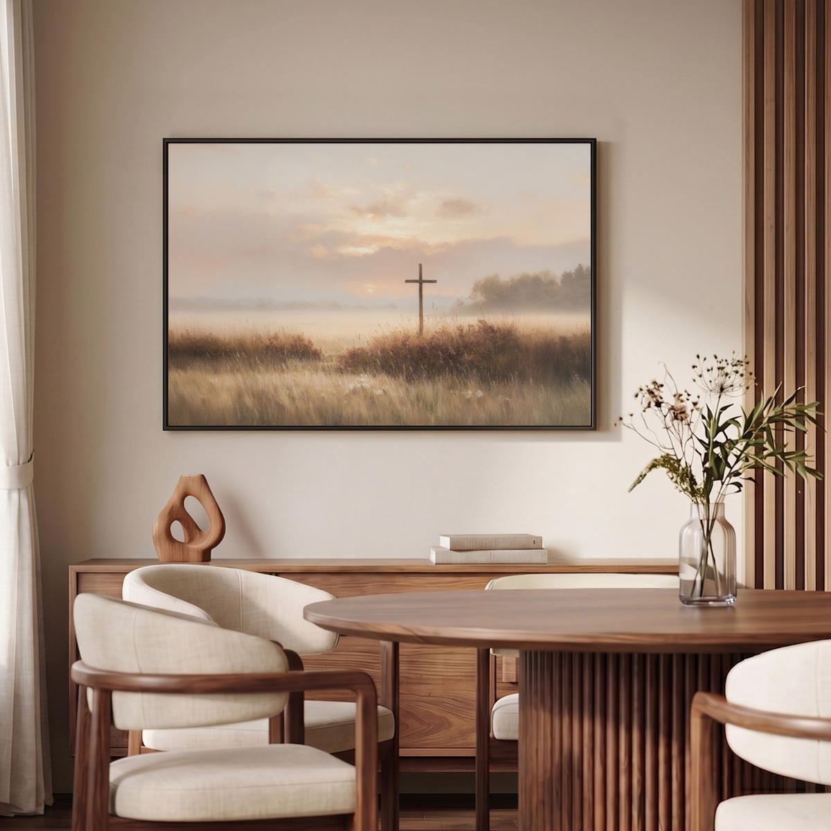 LEINWAND Bilder mit Rahmen - Gras - Morgennebel - Kreuz - Christentum - 90x60 - Beige, Textil (90/60cm) - MuchoWow