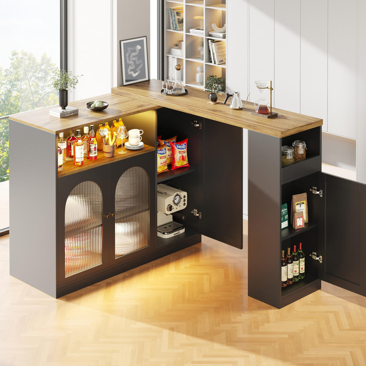 ESSZIMMERSCHRANK aus MDF 197 x 39,6 x 100 cm in Schwarz mit 360° Drehplatte & LED - Schwarz, Holzwerkstoff (197/100/39.6cm) - Modfu