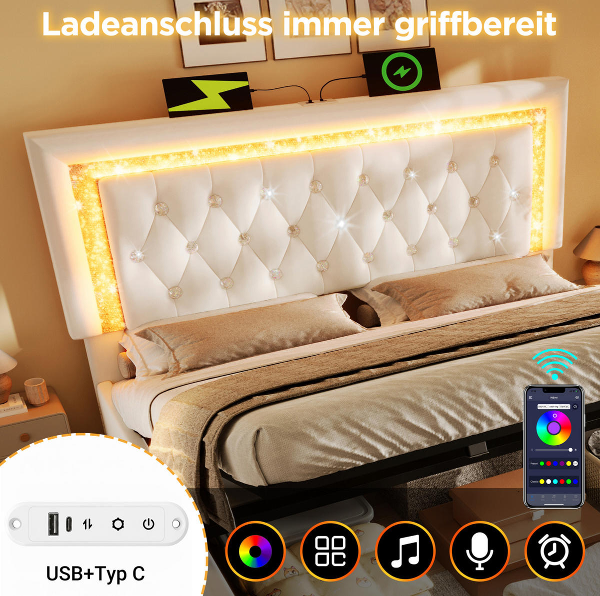 POLSTERBETT 140/200 cm mit LED-Beleuchtung, USB- & Type-C-Anschluss, hydraulischem Stauraum, Samt, Beige - Beige, Textil (140/200cm) - Redom