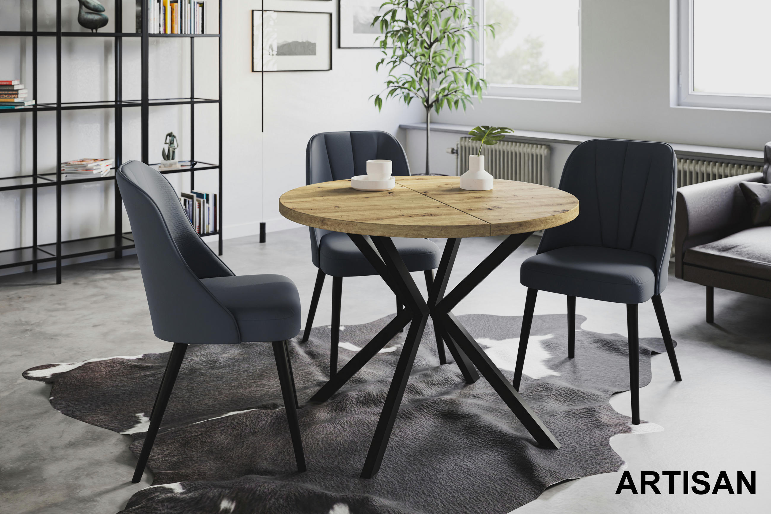 ESSZIMMERTISCH LOFT LITEN, ausziehbarer Tisch 120 cm/200 cm, Farbe: Mattbraun, mit Metallbeinen in Farbe Schwarz - Hellbraun/Schwarz, Holzwerkstoff (120/120/76cm) - Alpi-Möbel