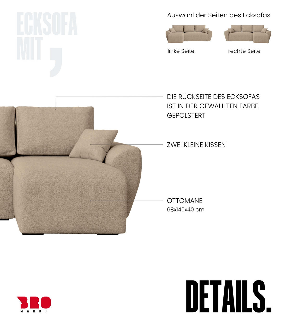ECKSOFA Rotterdam mit Schlaffunktion Beige Bouclé - Creme, Textil (238/141cm) - Bromarkt