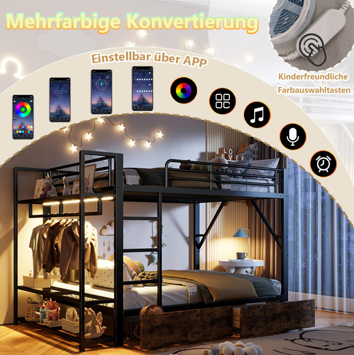 ETAGENBETT 140/200 cm aus Metall mit LED-Lichtleiste, Schubladen, Schwarz - Schwarz, Metall (140/200cm) - OKMYHOME