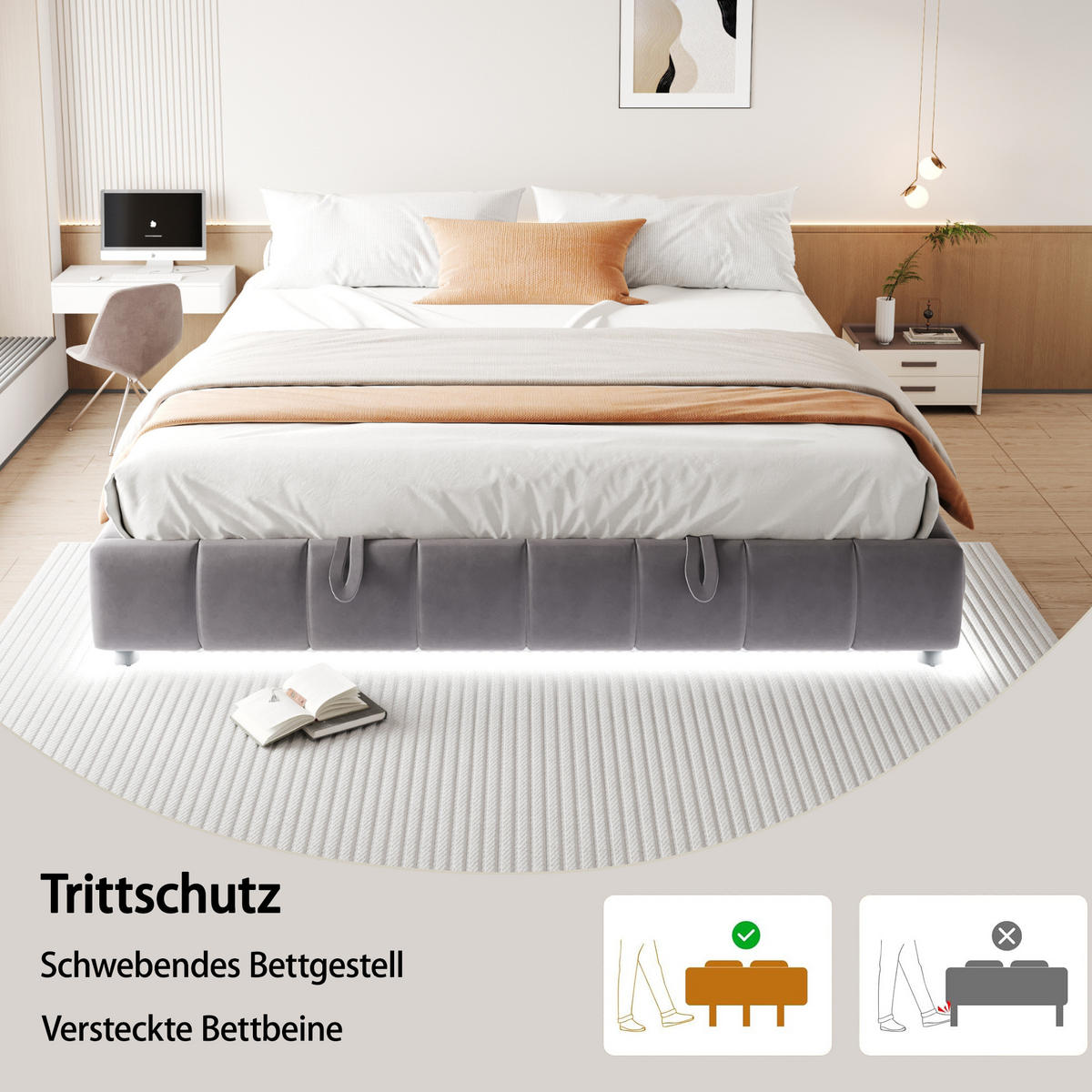 POLSTERBETT 180/200 cm Grau aus Flanellstoff mit Bettkasten und LED-Lichtleiste - Grau, Textil (180/200cm) - OKMYHOME