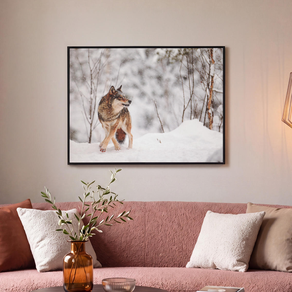 LEINWAND Bilder mit Rahmen - Wolf - Winter - Schnee - Natur - Tiere - 70x50 - Haselnussfarben, Textil (70/50cm) - MuchoWow