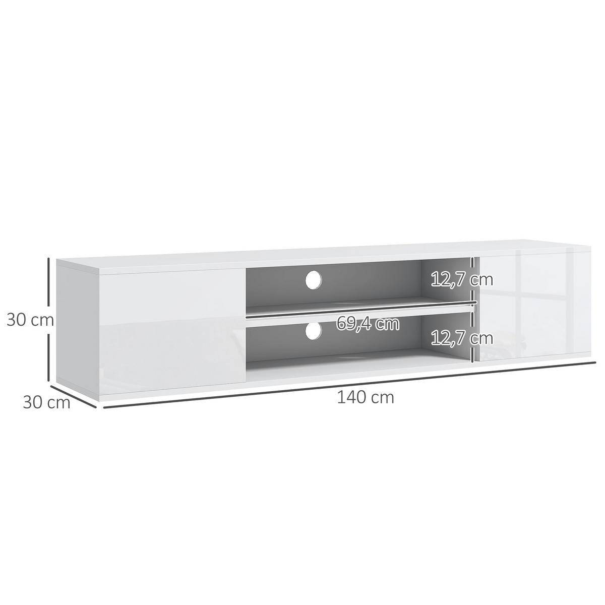TV-LOWBOARD Weiß 140/30/30 cm, Hängend, 2 Türen, 2 Fächer - Weiß, Holzwerkstoff (140/30/30cm) - PANGIVO