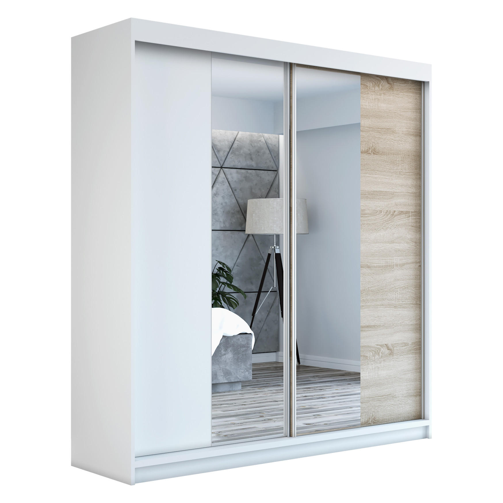 A&J MöbelLand Schwebetürenschrank Weiß, Weiß, Braun 160x215x59.5 cm
