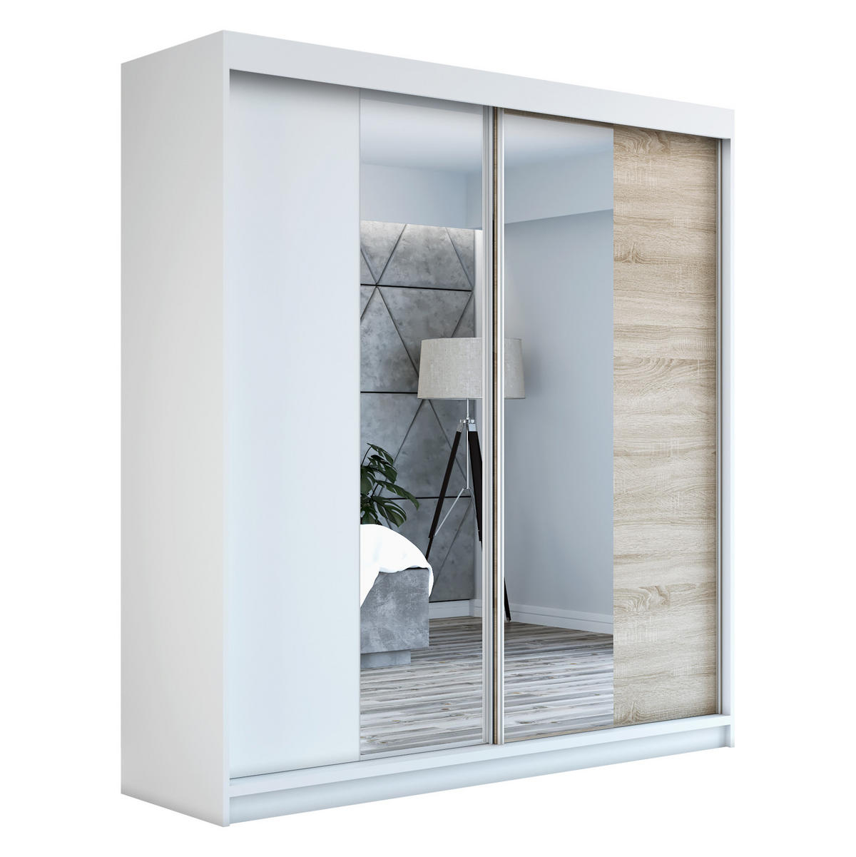 SCHWEBETÜRENSCHRANK 120 CM NEO Farbe: Weiß / weiß / sonoma - Weiß/Braun, Holzwerkstoff (120/215/59.5cm) - A&J MöbelLand