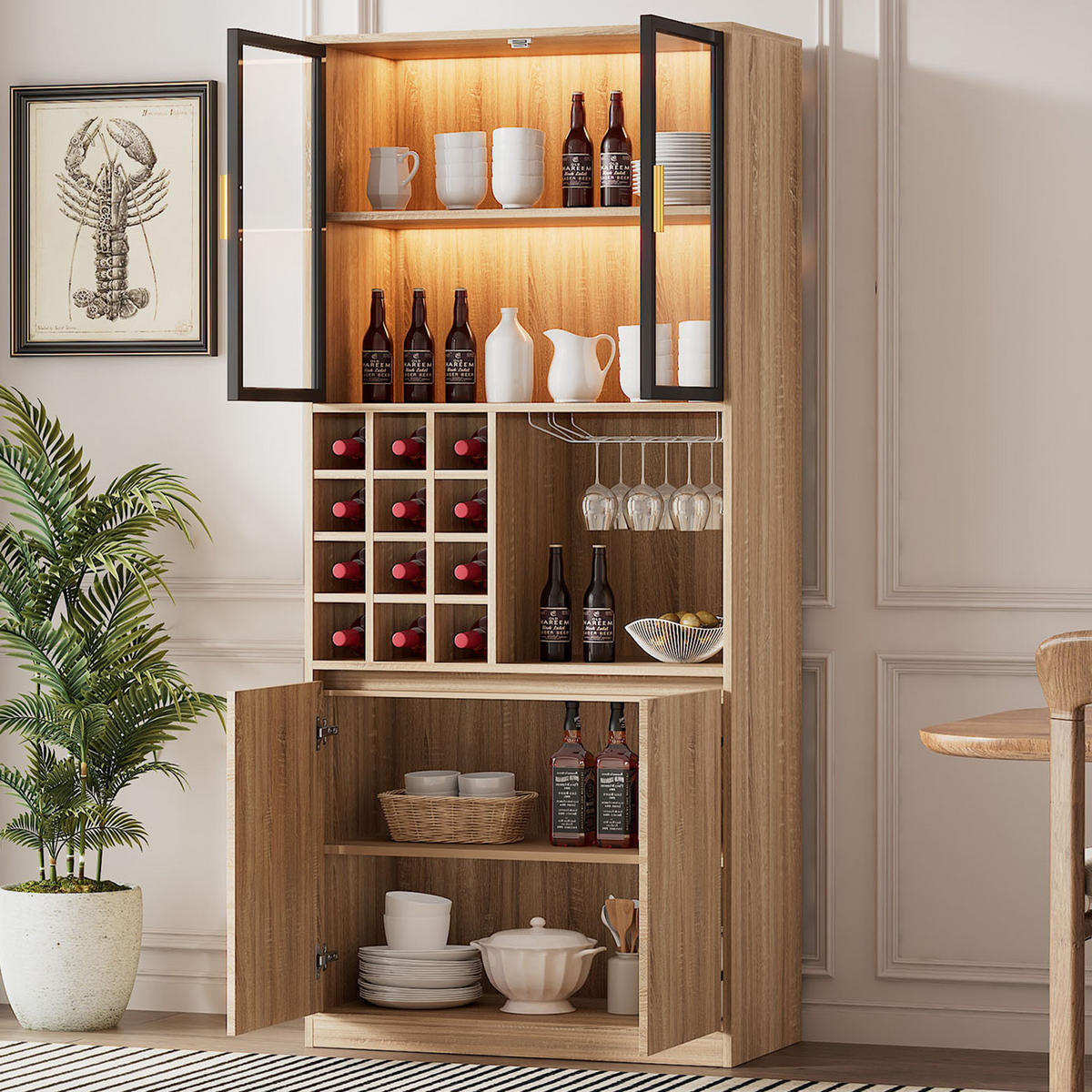 VITRINE mit Weinregal und LED - Hellbraun, Glas/Holzwerkstoff (40/180/80cm) - Urban Meuble