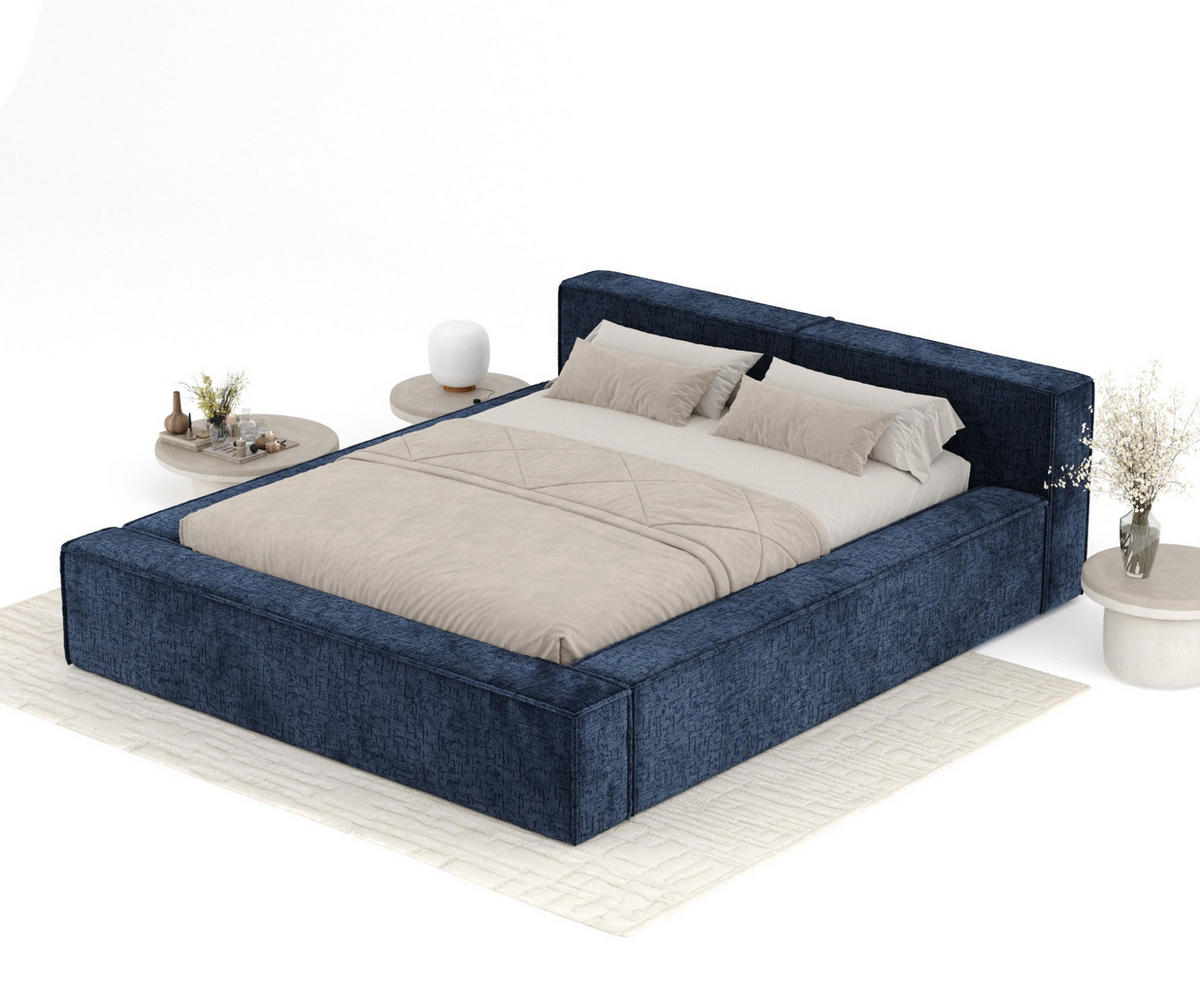 POLSTERBETT Voliera Marineblau 140/200 cm im Chenille-Stoff - Birkefarben/Schwarz, Holz/Holzwerkstoff (140/200cm) - Maison de Reve