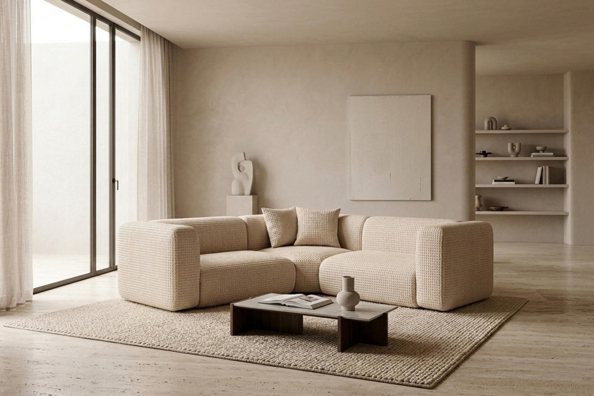 ECKSOFA Modulares, Corner mini, Chenille-Stoff Cremona, Creme, GRETA - Creme, Holz (380/190cm) - Kaiser Möbel