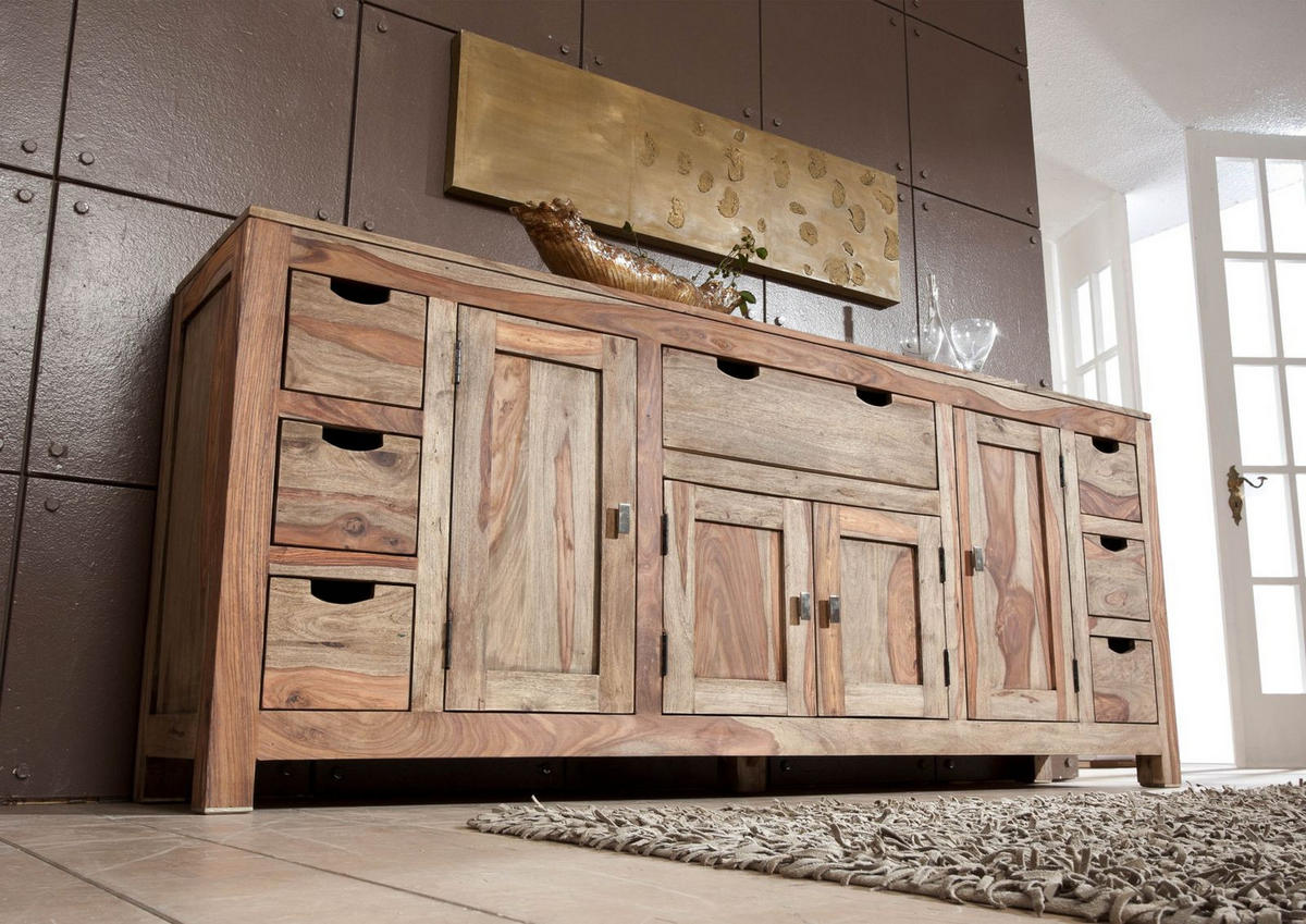 SIDEBOARD Sheesham 210x42x85 grau geölt NATURE GREY #080 - Grau, Holz (210/85/42cm) - Massivmoebel24