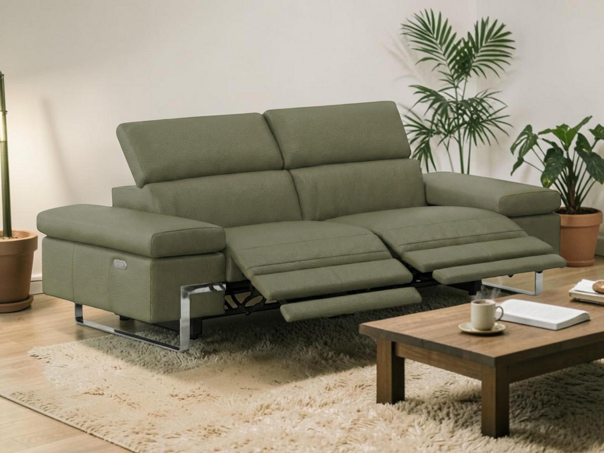 3-SITZER Sofa Opera Echtleder mit 2 x Relaxfunktion Olivgrün - Olivgrün, Leder/Metall (223/75/109cm)