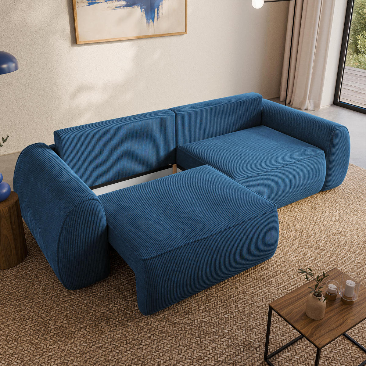 BETTSOFA ZEFEO Blau Kordstoff mit Schlaffunktion - Blau, Textil (264/96/106cm) - MASSENO