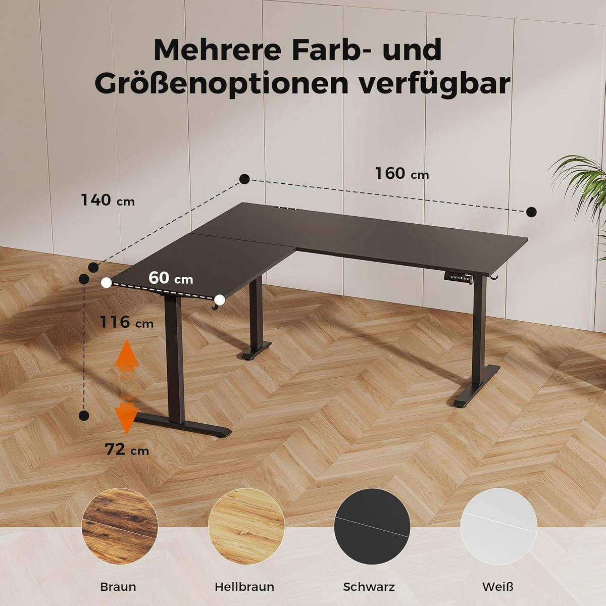 SCHREIBTISCH L-förmig Höhenverstellbar Elektrisch Schwarz 160 x 140 cm - Schwarz, Holzwerkstoff (160/140/75cm)