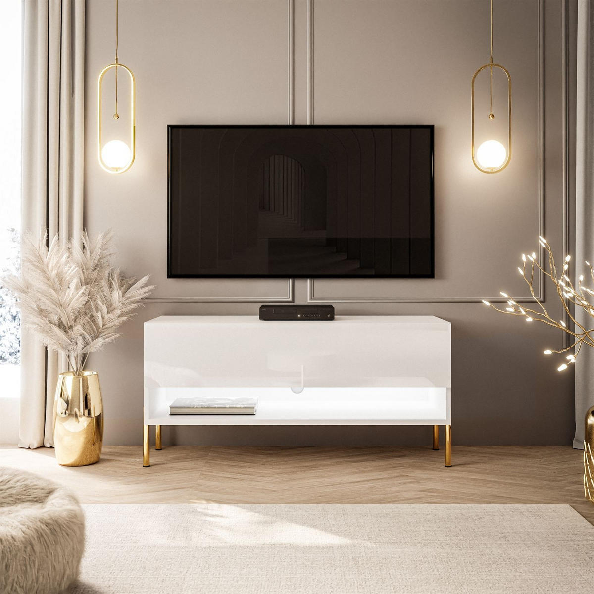LOWBOARD TV-Schrank CALANTE 90 cm auf geraden goldenen Chrom-Beinen - Weiß Hochglanz/Goldfarben, Holzwerkstoff/Metall (90/44/35cm) - Lookway