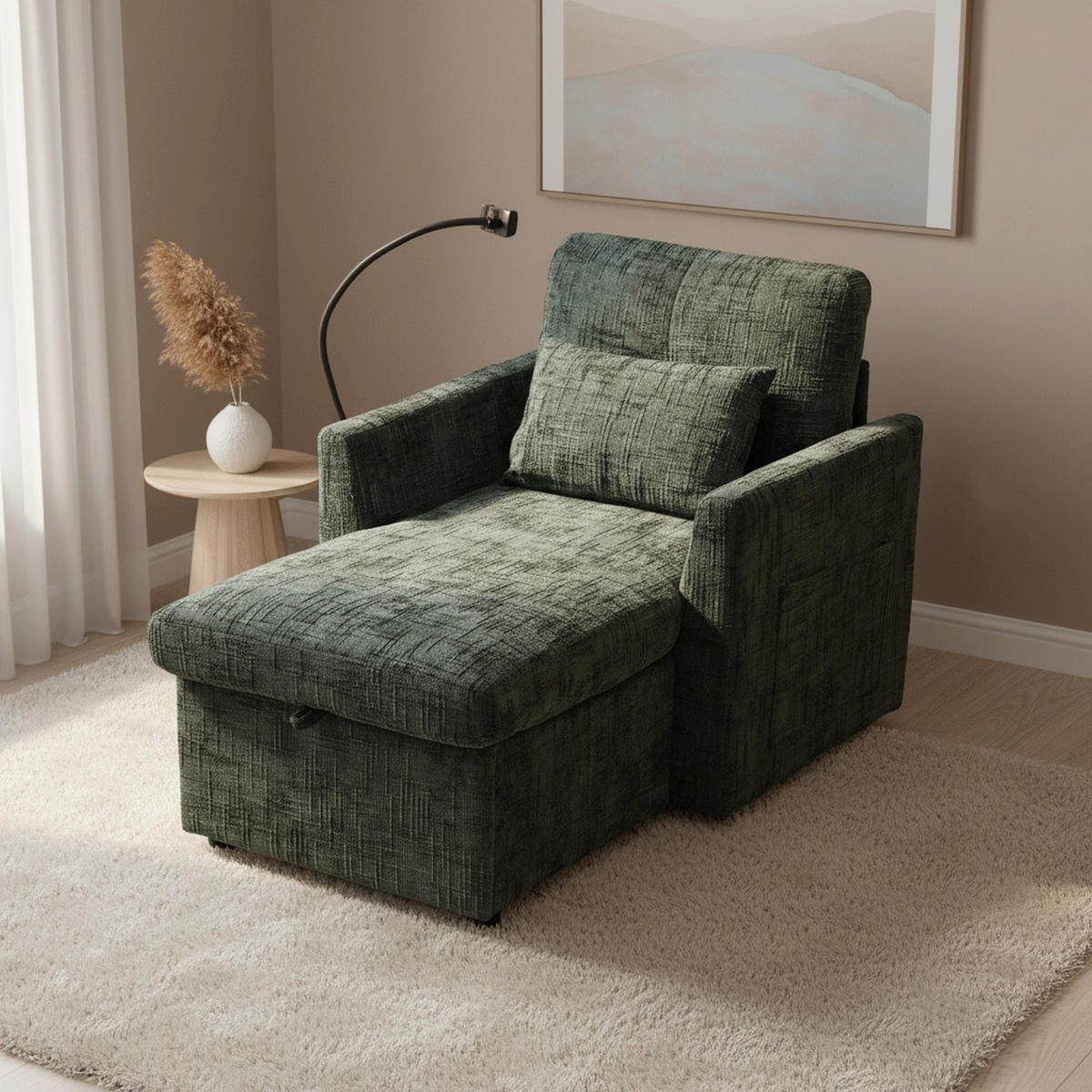 SCHLAFSOFA in Smaragdgrün aus Chenille mit Handyhalterung & Stauraum - Grün, Textil (84.5/87/125cm) - Urban Meuble