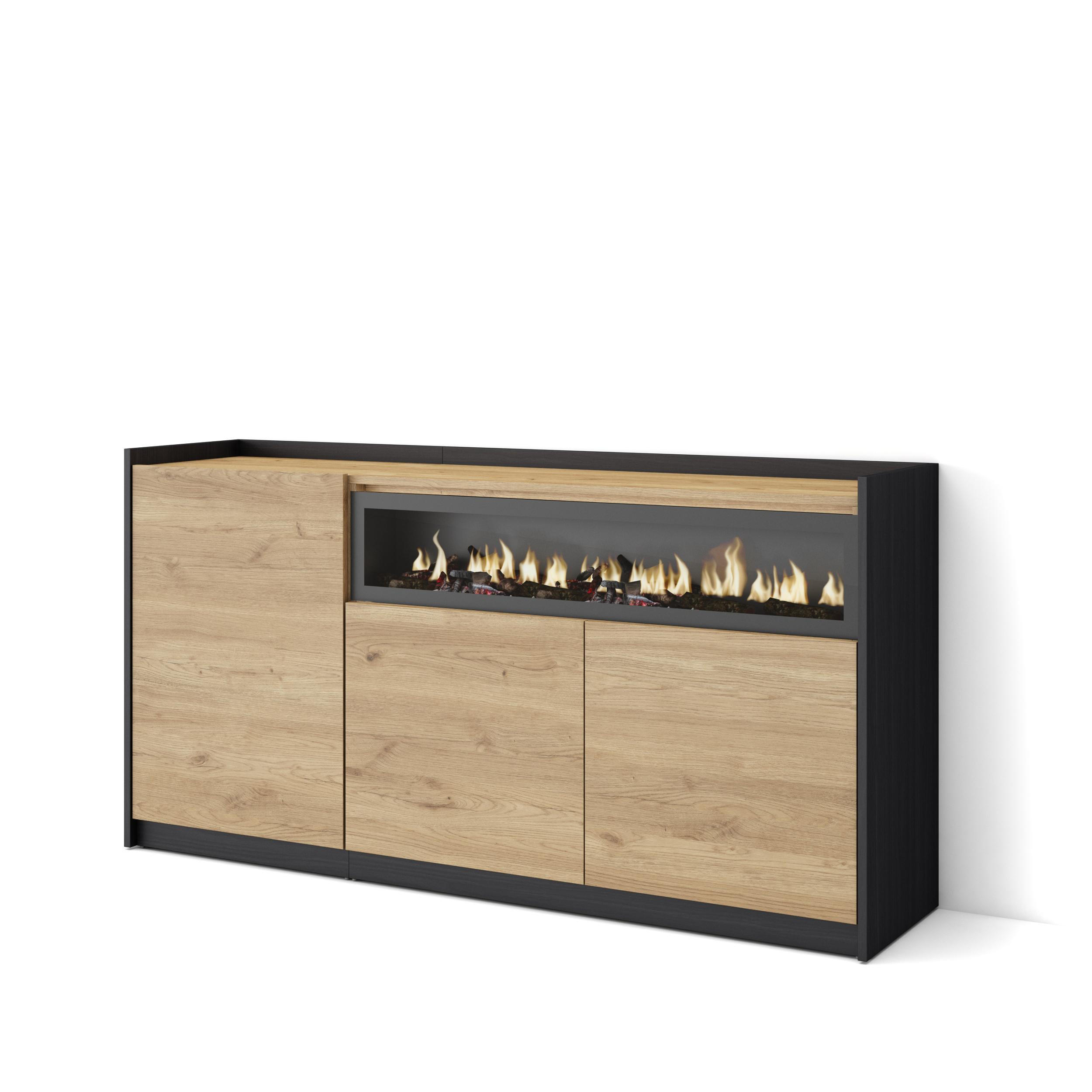 SIDEBOARD, Highboard, Eiche Schwarz, Elektrokamin, 156/37/80cm - Eichefarben, Holzwerkstoff (156/80/37cm) - Skraut Home